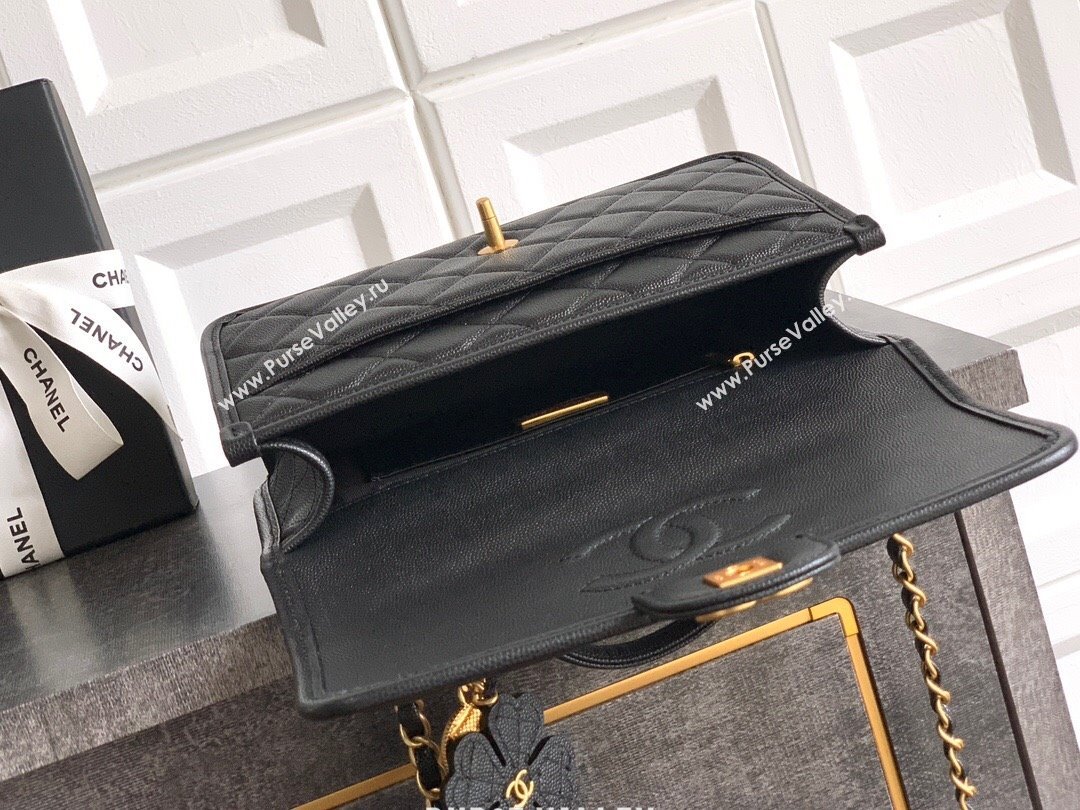 Chanel Grained Shiny Calfskin Flap Bag with Top Handle Black 2025 AS3653 (yezi-251010071)