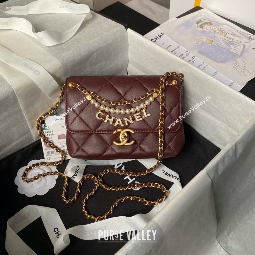 Chanel Shiny Lambskin Mini Flap Bag with Pearls AS4986 Dark Burgundy 2024 (yezi-240627055)