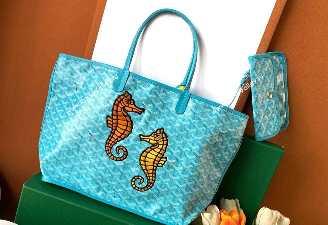 Goyard Anjou PM Seahorse Embroidery Tote Bag Turquoise Blue 2024 8017 (ZHANG-240221012)