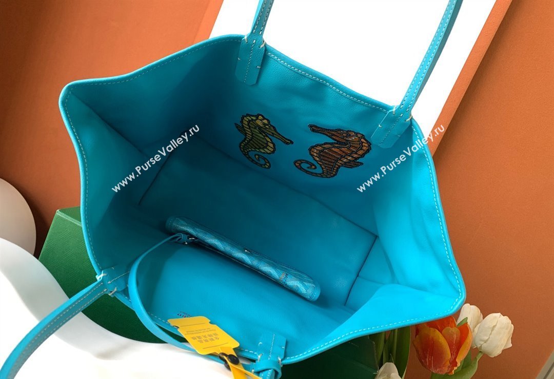 Goyard Anjou PM Seahorse Embroidery Tote Bag Turquoise Blue 2024 8017 (ZHANG-240221012)