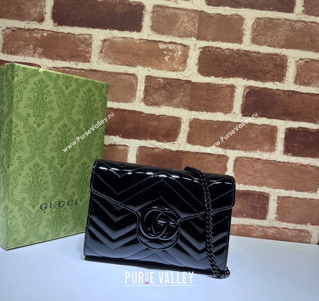 Gucci GG Marmont Patent Leather Chain Mini Bag 474575 Black 2025 (DLH-250930094)