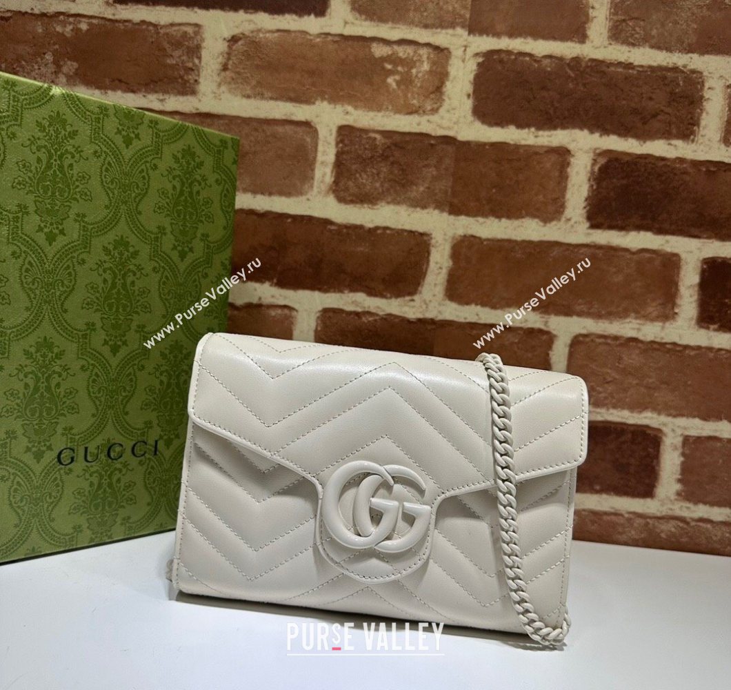 Gucci GG Marmont Chevron Leather Chain Mini Bag 474575 All White 2025 (DLH-250930092)