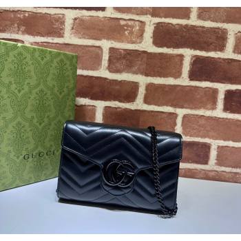 Gucci GG Marmont Chevron Leather Chain Mini Bag 474575 All Black 2025 (DLH-250930093)