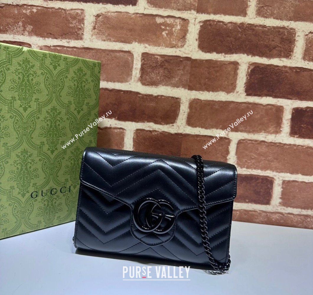 Gucci GG Marmont Chevron Leather Chain Mini Bag 474575 All Black 2025 (DLH-250930093)