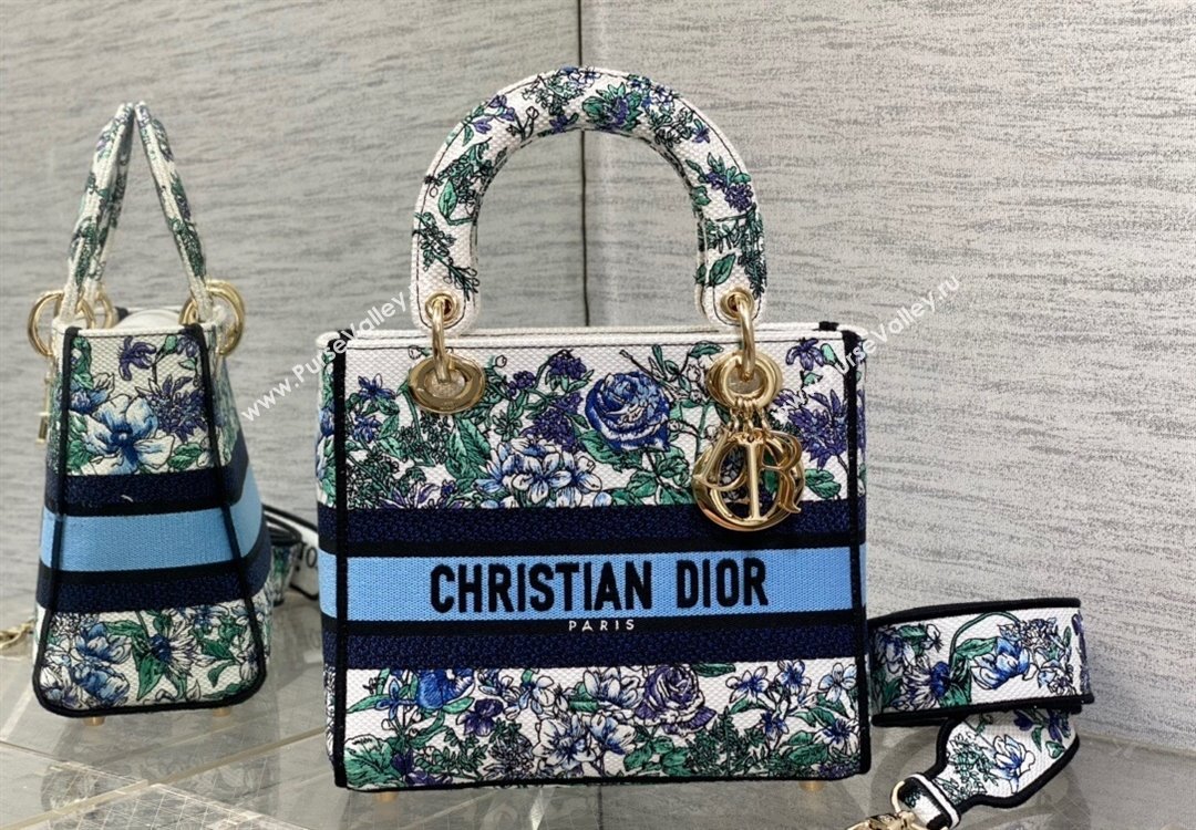 Dior Medium Lady D-Lite Bag in White and Blue Flowers Constellation Embroidery 2023 (XXG-230908040)