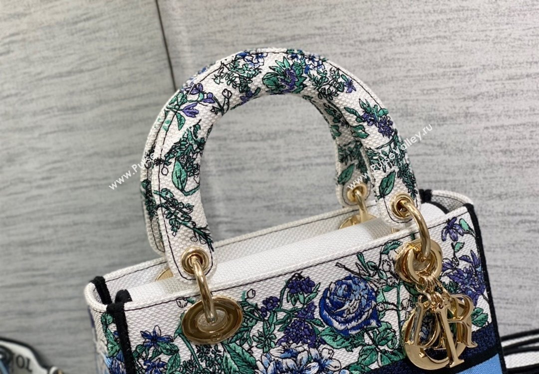 Dior Medium Lady D-Lite Bag in White and Blue Flowers Constellation Embroidery 2023 (XXG-230908040)