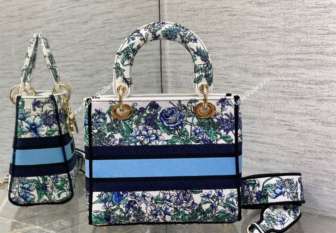 Dior Medium Lady D-Lite Bag in White and Blue Flowers Constellation Embroidery 2023 (XXG-230908040)