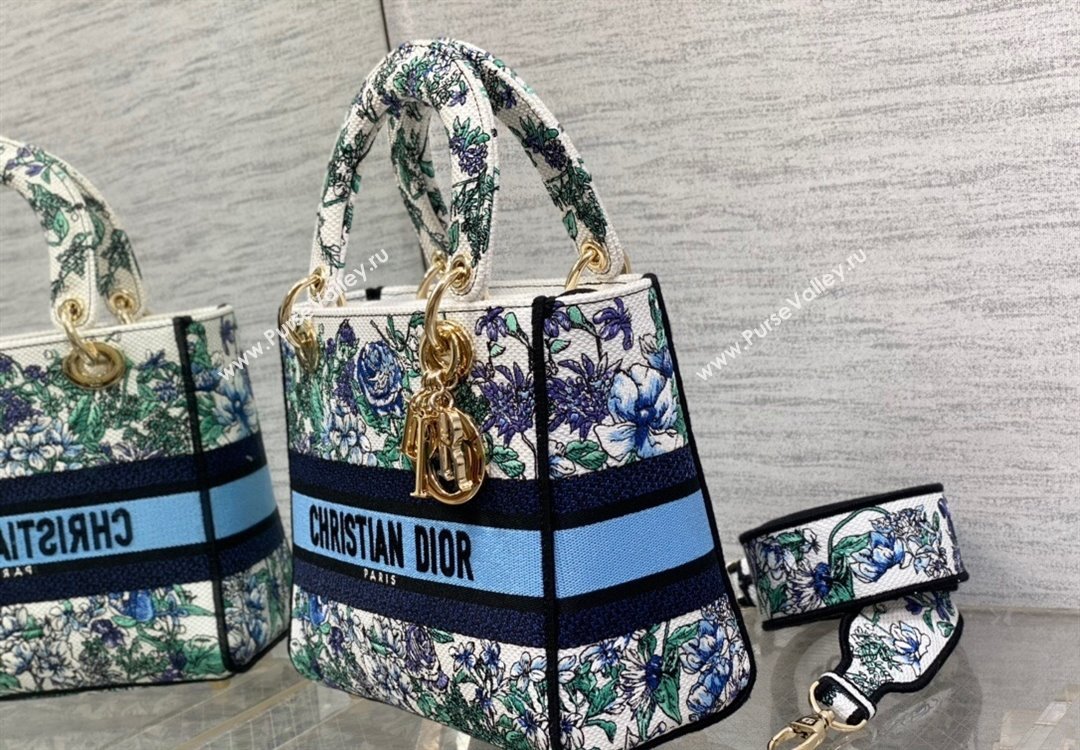 Dior Medium Lady D-Lite Bag in White and Blue Flowers Constellation Embroidery 2023 (XXG-230908040)