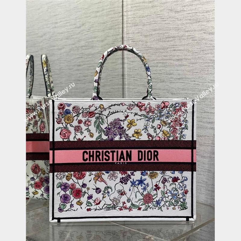 Dior Large Book Tote Bag in White and Pink Florilegio Embroidery 2023 (XXG-230908043)