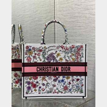 Dior Large Book Tote Bag in White and Pink Florilegio Embroidery 2023 (XXG-230908043)