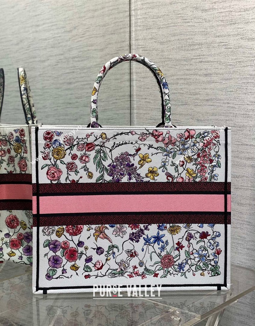 Dior Large Book Tote Bag in White and Pink Florilegio Embroidery 2023 (XXG-230908043)