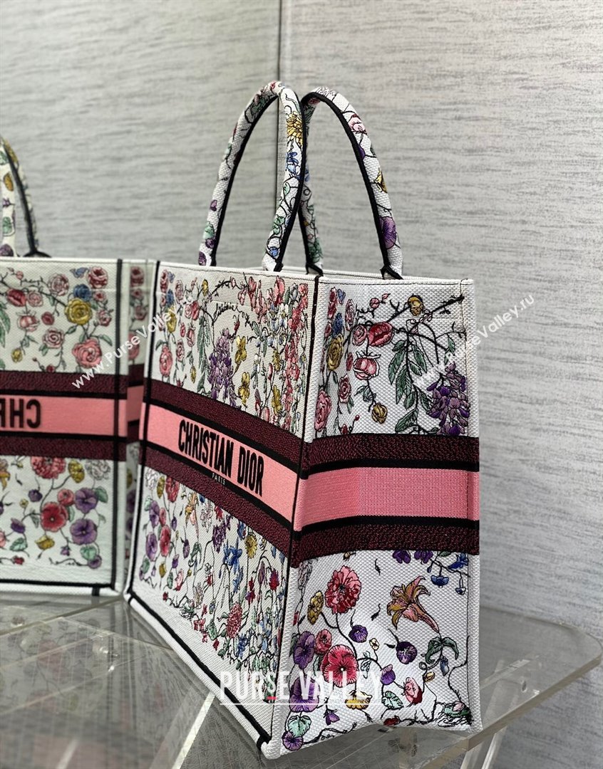 Dior Large Book Tote Bag in White and Pink Florilegio Embroidery 2023 (XXG-230908043)