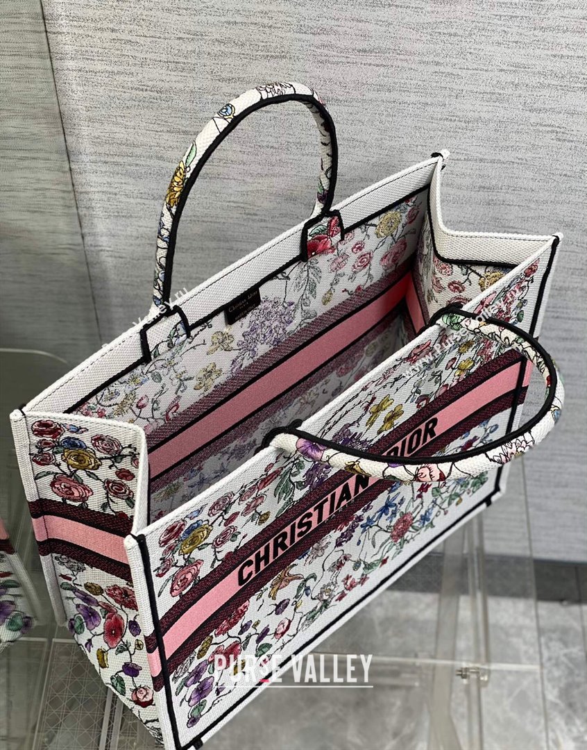 Dior Large Book Tote Bag in White and Pink Florilegio Embroidery 2023 (XXG-230908043)