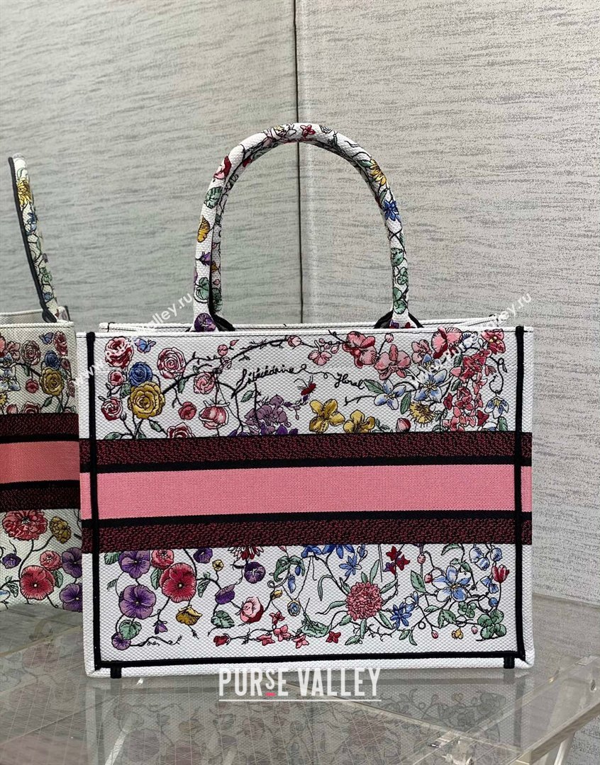 Dior Medium Book Tote Bag in White and Pink Florilegio Embroidery 2023 (BF-230908044)