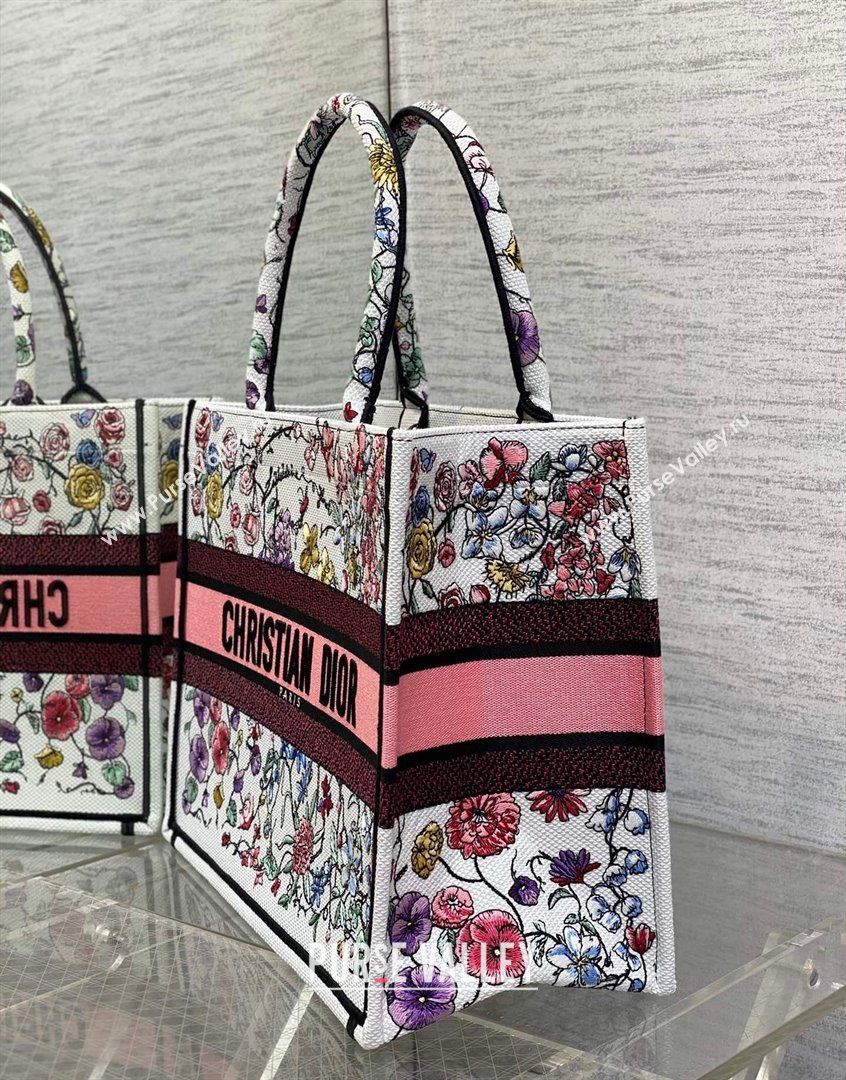 Dior Medium Book Tote Bag in White and Pink Florilegio Embroidery 2023 (BF-230908044)