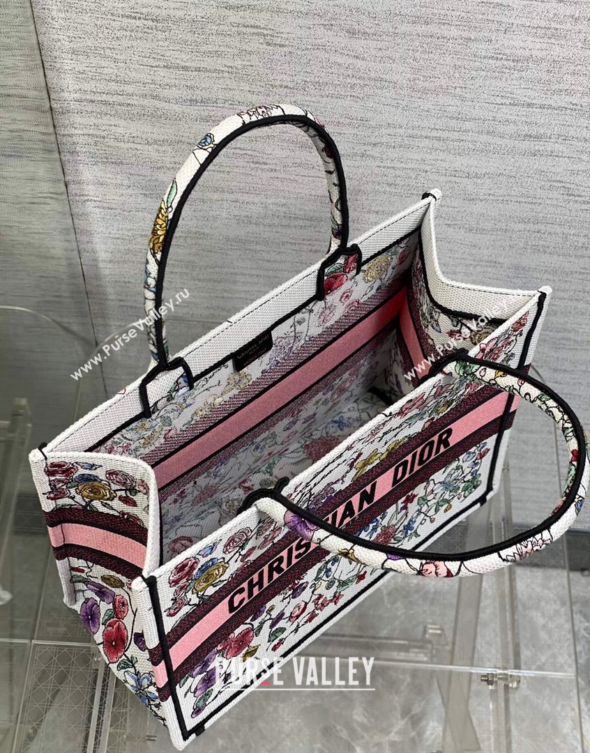 Dior Medium Book Tote Bag in White and Pink Florilegio Embroidery 2023 (BF-230908044)
