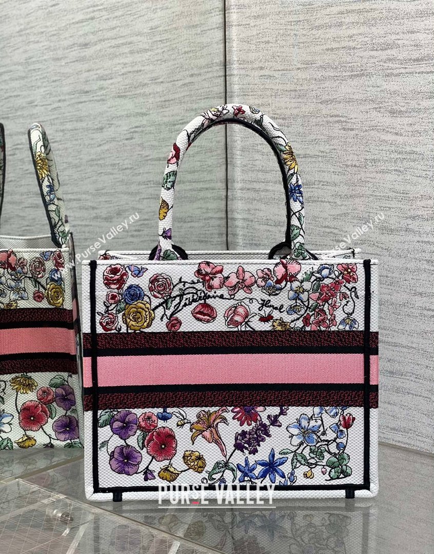 Dior Small Book Tote Bag in White and Pink Florilegio Embroidery 2023 (BF-230908045)