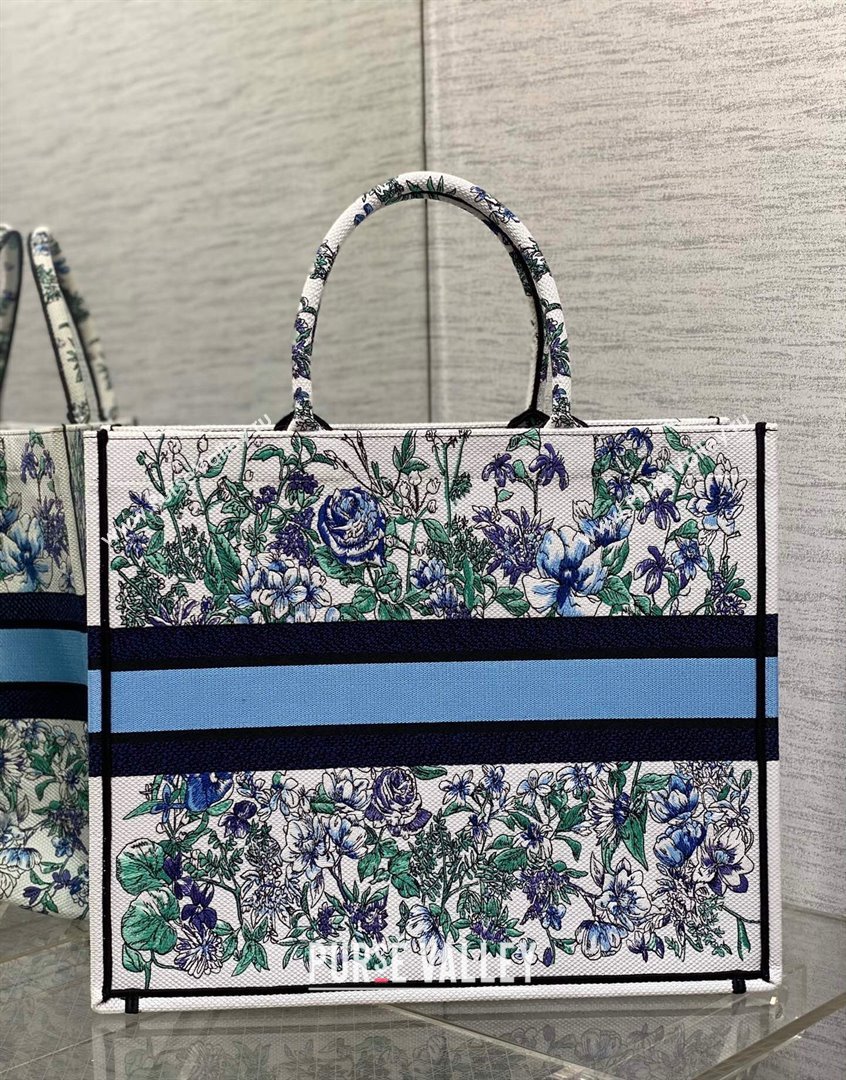 Dior Large Book Tote Bag in White and Blue Flowers Constellation Embroidery 2023 (XXG-230908046)