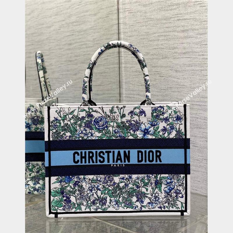 Dior Medium Book Tote Bag in White and Blue Flowers Constellation Embroidery 2023 (BF-230908047)