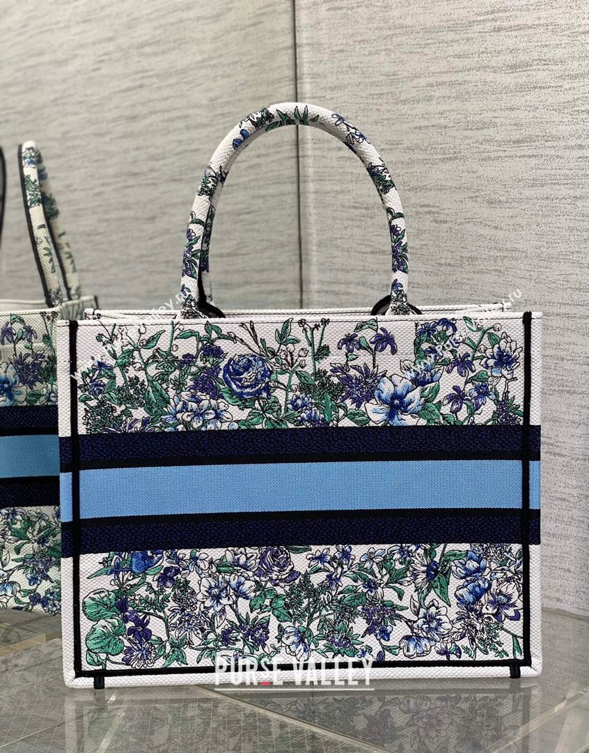 Dior Medium Book Tote Bag in White and Blue Flowers Constellation Embroidery 2023 (BF-230908047)