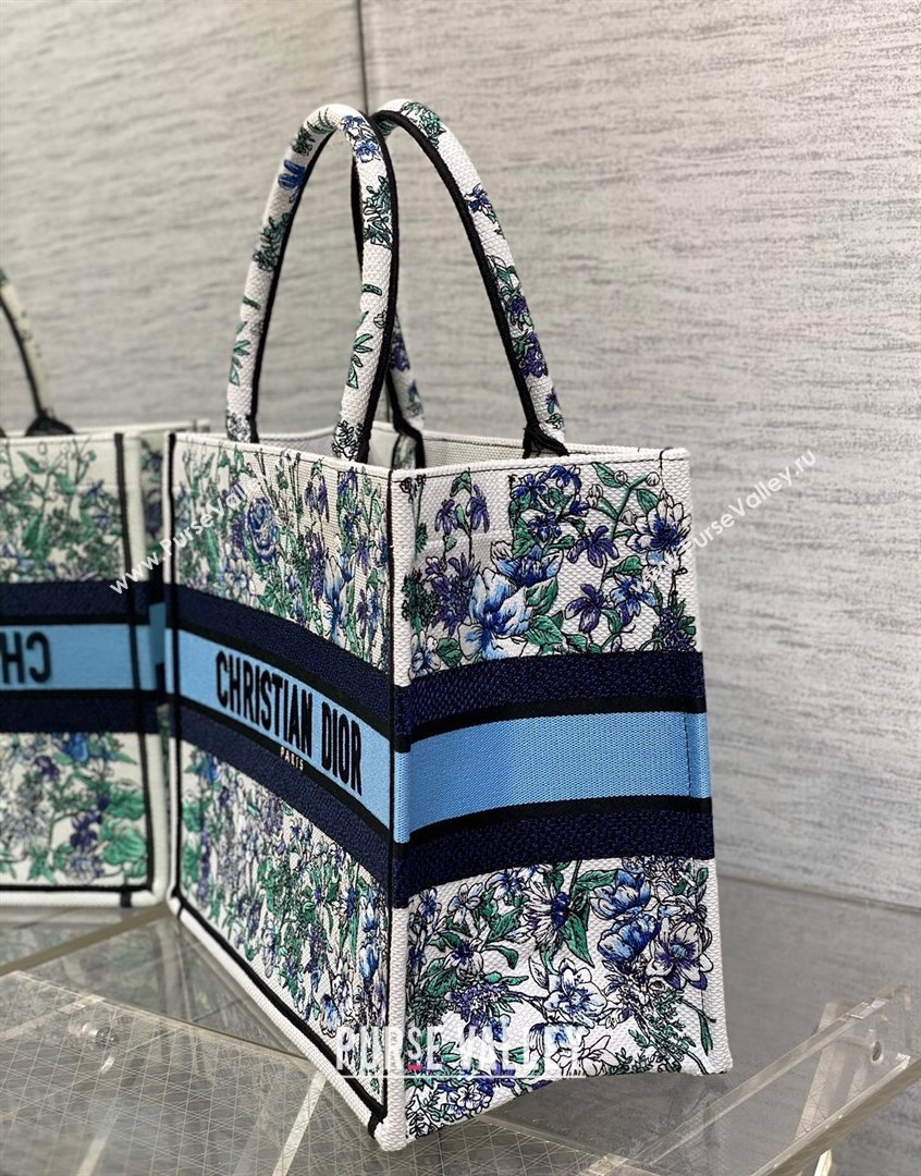 Dior Medium Book Tote Bag in White and Blue Flowers Constellation Embroidery 2023 (BF-230908047)