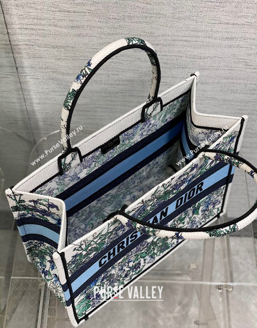 Dior Medium Book Tote Bag in White and Blue Flowers Constellation Embroidery 2023 (BF-230908047)