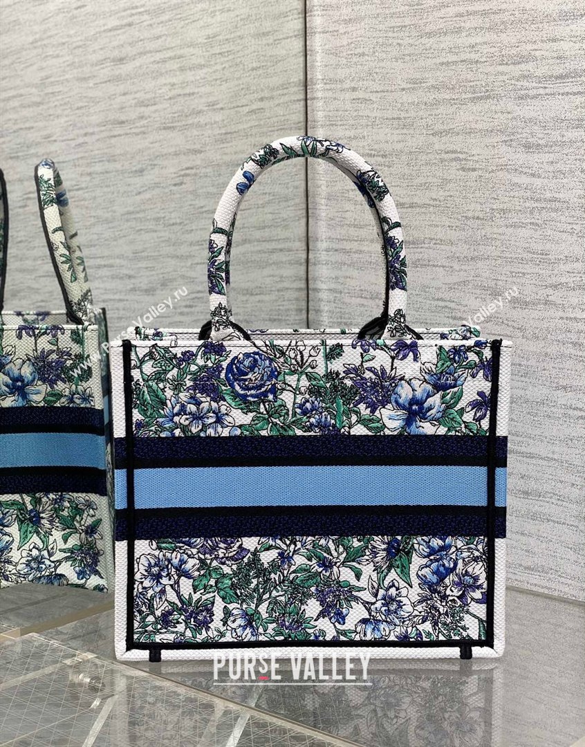 Dior Small Book Tote Bag in White and Blue Flowers Constellation Embroidery 2023 (BF-230908048)