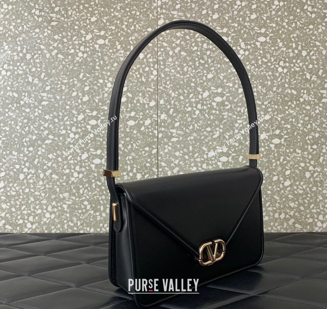 Valentino Shoulder Letter Bag in Smooth Calfskin with VLogo Signature Black/Gold 2023 5080L (LN-230908071)