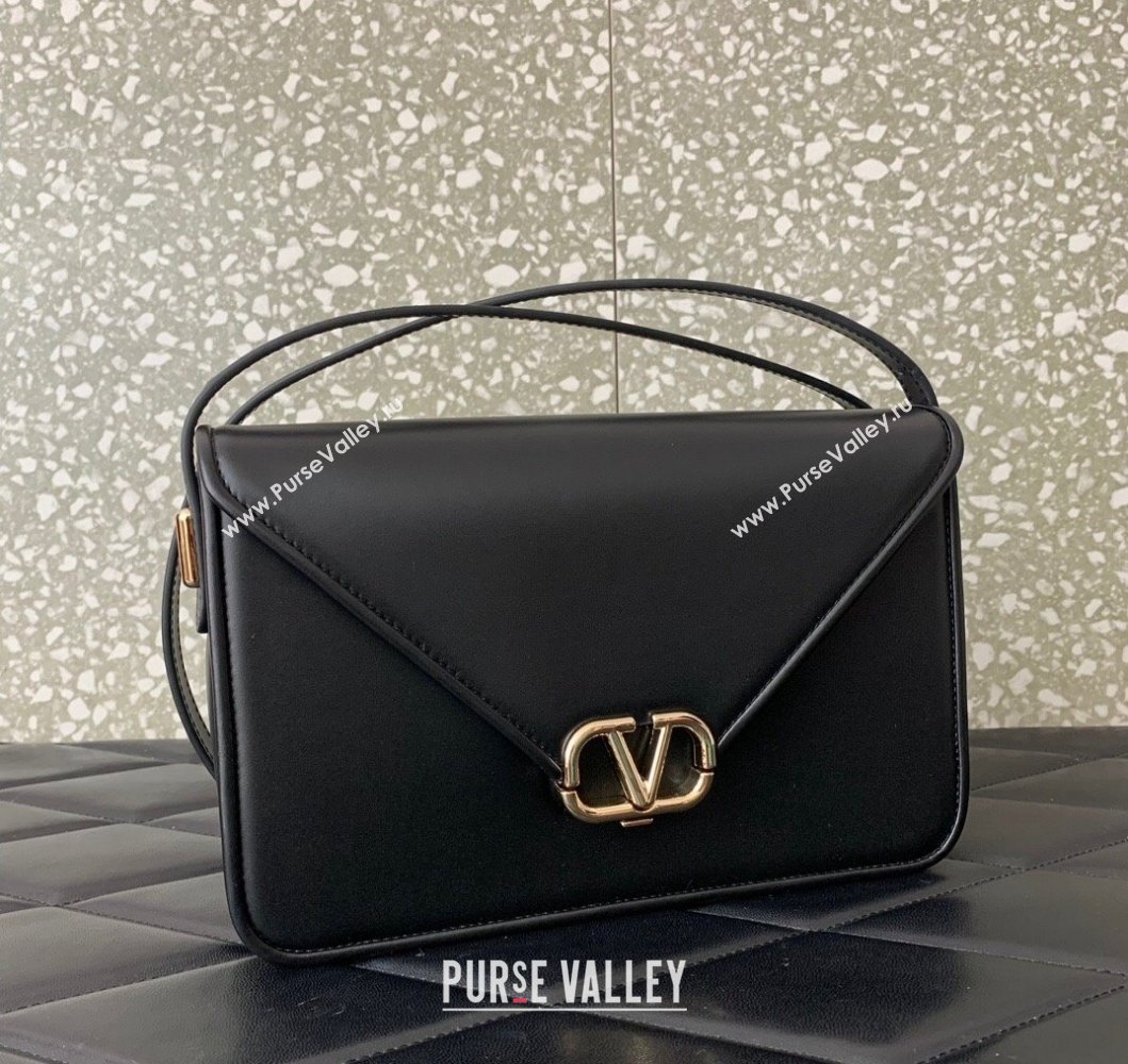 Valentino Shoulder Letter Bag in Smooth Calfskin with VLogo Signature Black/Gold 2023 5080L (LN-230908071)