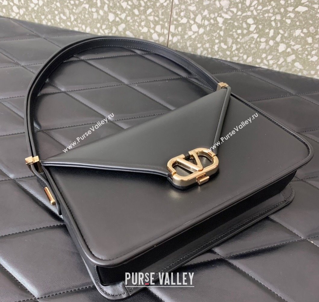 Valentino Shoulder Letter Bag in Smooth Calfskin with VLogo Signature Black/Gold 2023 5080L (LN-230908071)