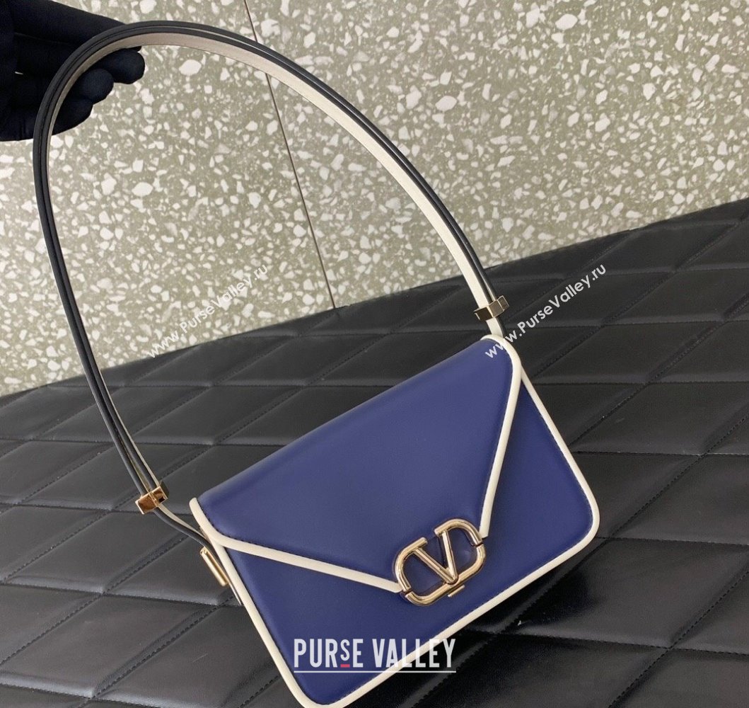 Valentino Small Shoulder Letter Bag in Smooth Calfskin with VLogo Signature Blue/White 2023 5080S (LN-230908077)