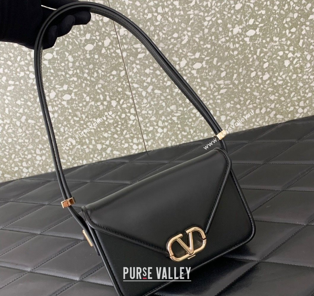 Valentino Small Shoulder Letter Bag in Smooth Calfskin with VLogo Signature Black/Gold 2023 5080S (LN-230908079)