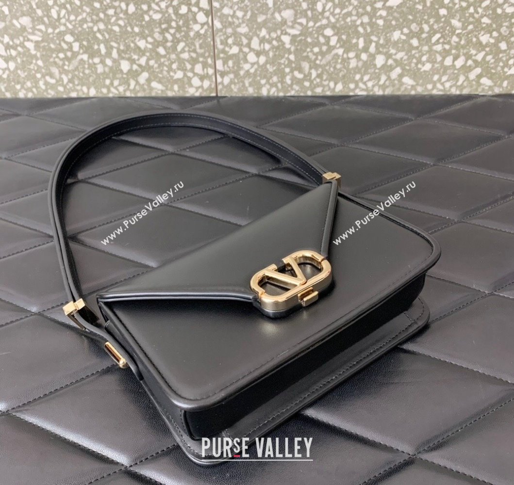 Valentino Small Shoulder Letter Bag in Smooth Calfskin with VLogo Signature Black/Gold 2023 5080S (LN-230908079)