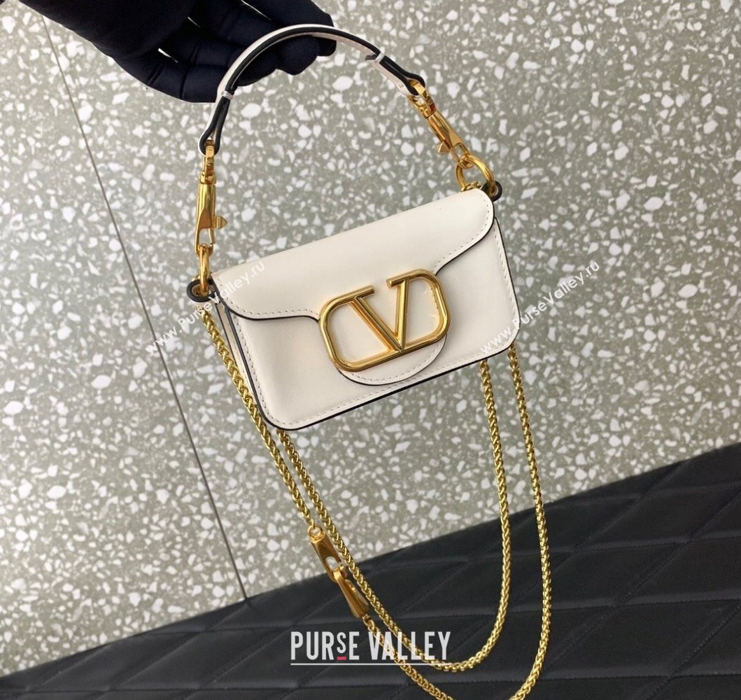 Valentino Locò Micro Bag in Calfskin Leather with Chain White 2023 VLTN416 (LN-230908086)