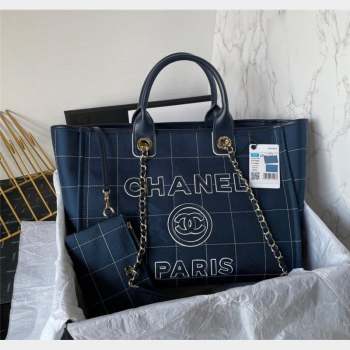 Chanel Deauville Cotton Calfskin Large Shopping Bag Dark Blue 2023 AS93786 (yezi-230907039)