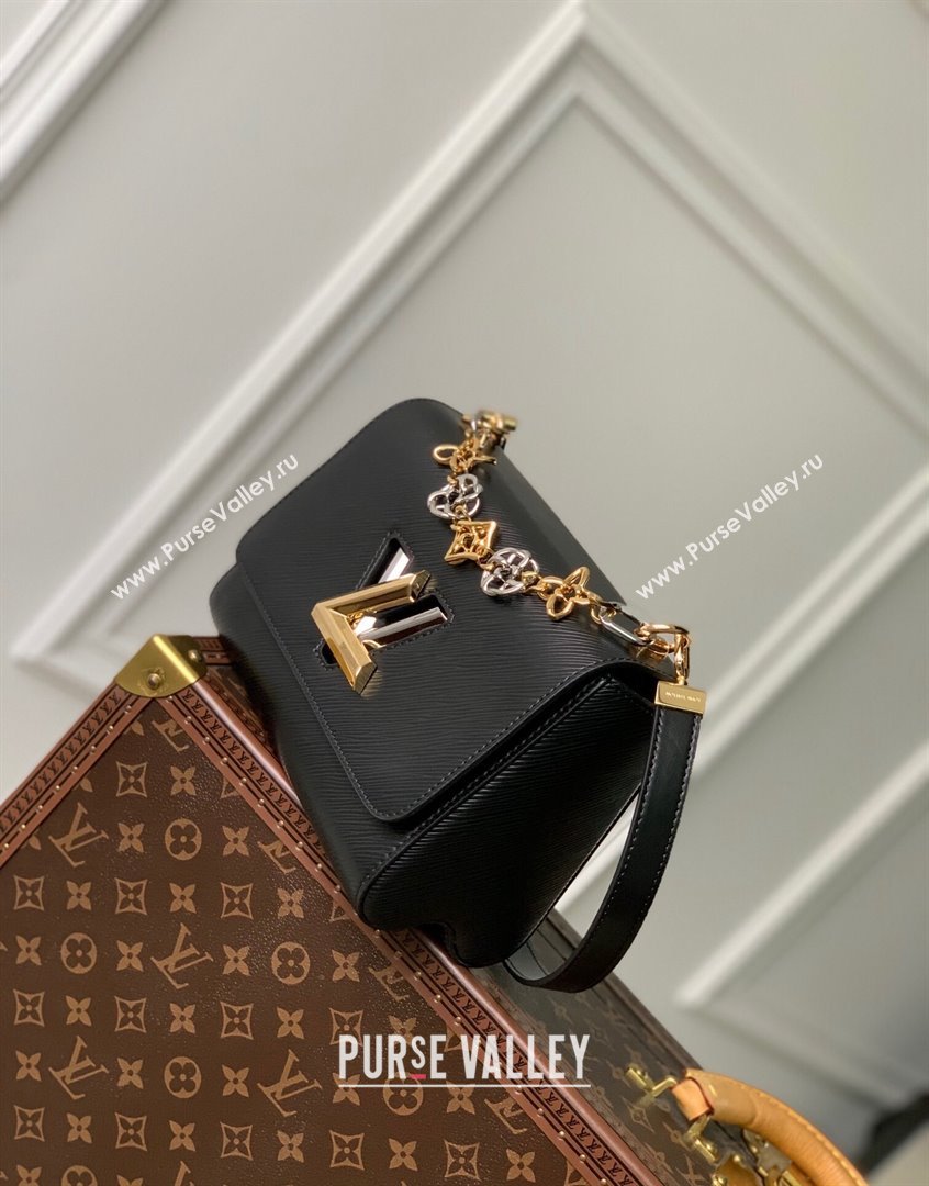 Louis Vuitton Twist MM Bag in Epi Leather with Monogram Flowers Chain M22773 Black 2023 (KI-230907065)