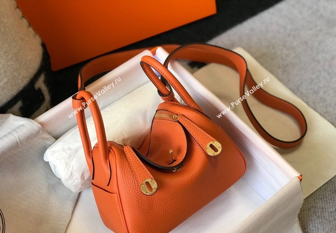 Hermes Lindy Mini Bag 19cm in Grainy Calfskin Fire Orange 2023 (FL-230908018)