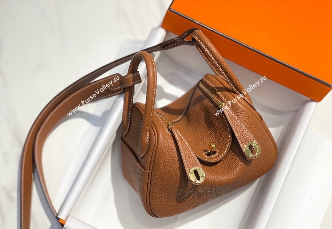 Hermes Lindy Mini Bag 19cm in Grainy Calfskin Golden Brown 2023 (FL-230908021)