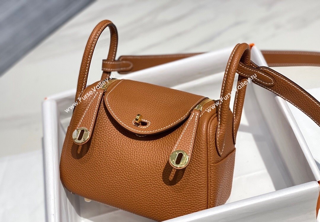 Hermes Lindy Mini Bag 19cm in Grainy Calfskin Golden Brown 2023 (FL-230908021)