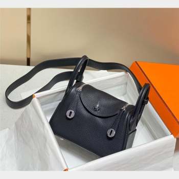 Hermes Lindy Mini Bag 19cm in Grainy Calfskin Black/Silver 2023 (FL-230908025)