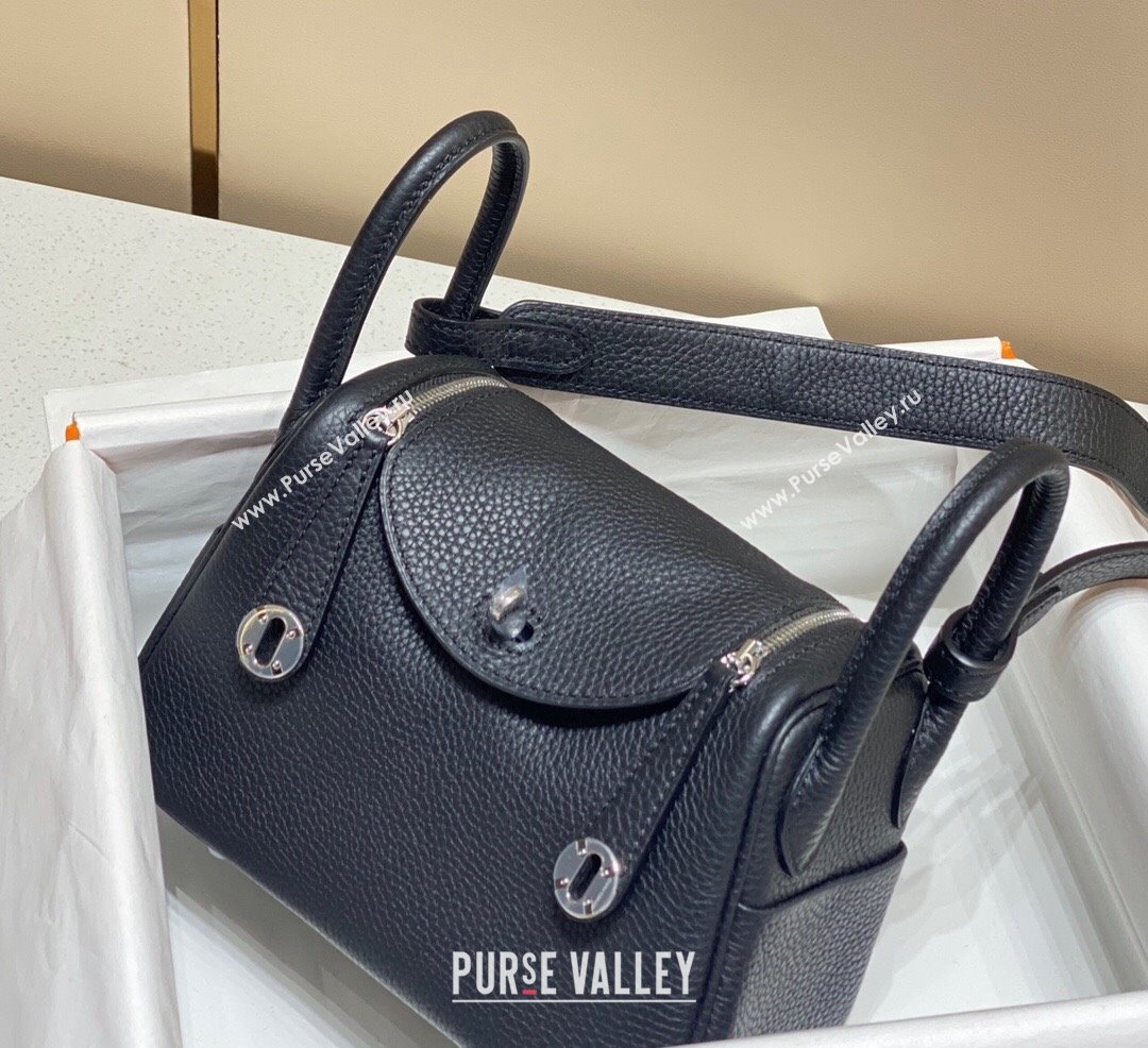 Hermes Lindy Mini Bag 19cm in Grainy Calfskin Black/Silver 2023 (FL-230908025)