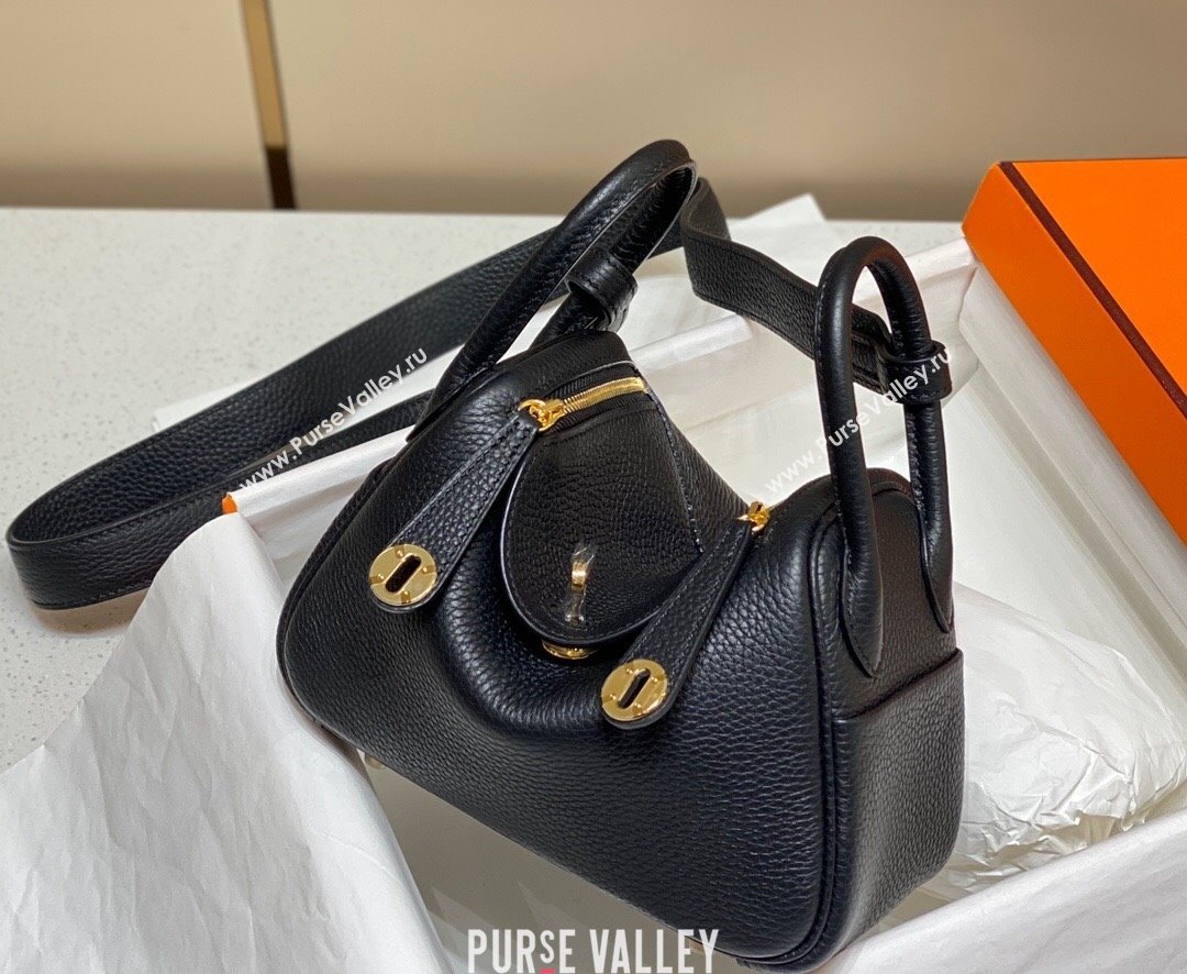 Hermes Lindy Mini Bag 19cm in Grainy Calfskin Black/Gold 2023 (FL-230908026)