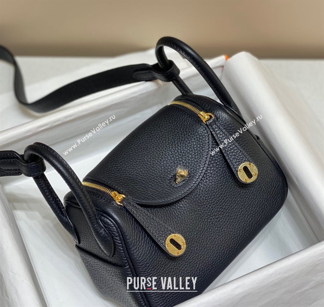 Hermes Lindy Mini Bag 19cm in Grainy Calfskin Black/Gold 2023 (FL-230908026)