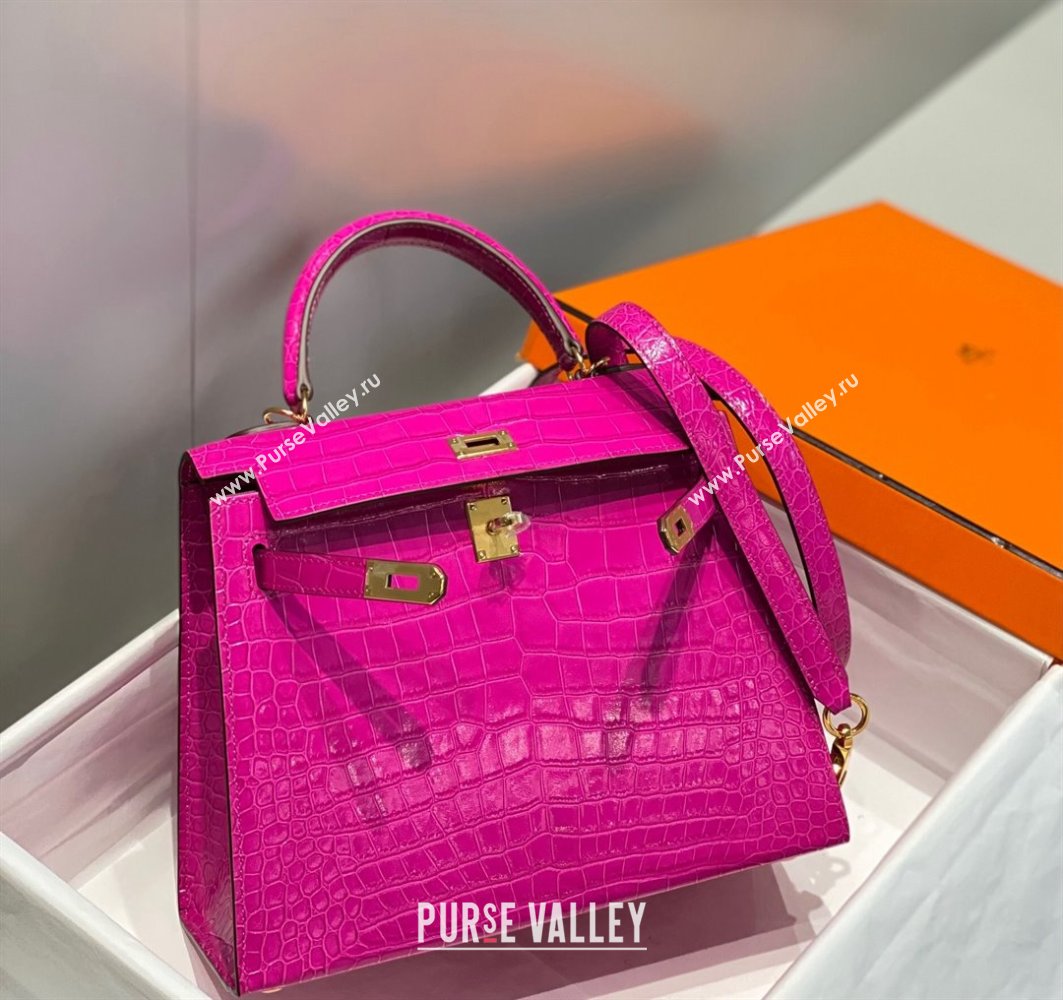 Hermes Kelly Bag 25 28cm in Crocodile Embossed Leather Arabian Nights Purple 2023 (FL-231021013)