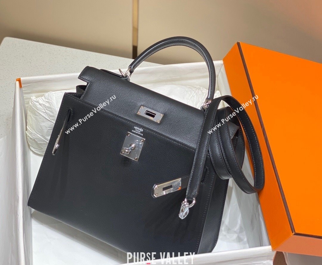 Hermes Epsom Kelly Bag 25cm 28cm in Calfskin Leather Black Silver 2023 (FL-231021025)