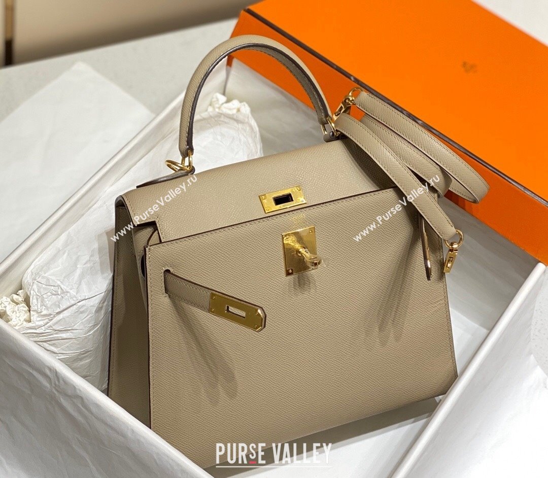 Hermes Epsom Kelly Bag 25cm 28cm in Calfskin Leather Dove Grey Gold 2023 (FL-231021027)