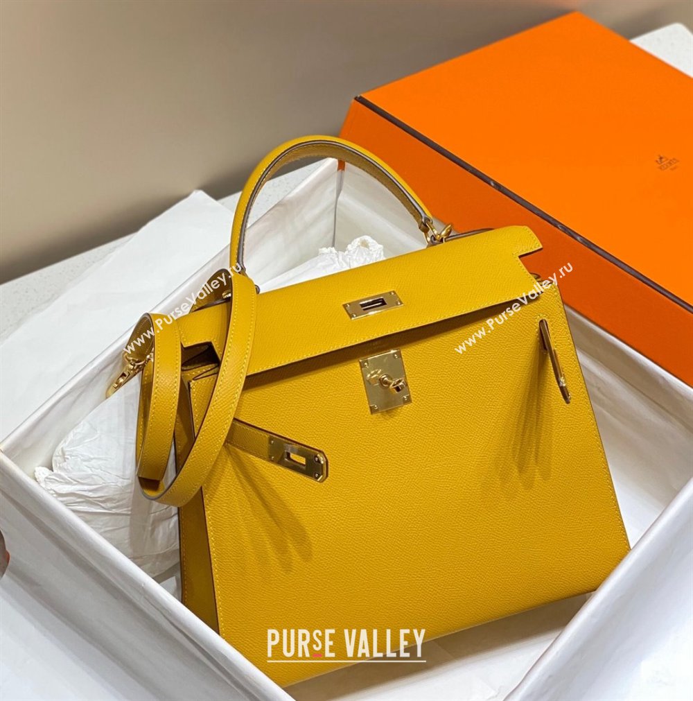 Hermes Epsom Kelly Bag 25cm 28cm in Calfskin Leather Amber Yellow 2023 (FL-231021028)