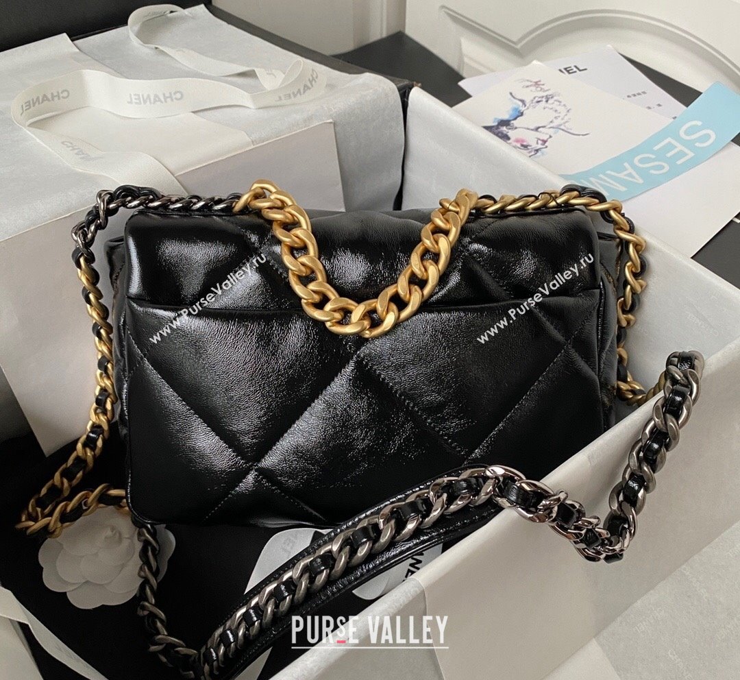 Chanel 19 Shiny Crinkle Calfskin Small Flap Bag AS1160 Black 2023 (yezi-231020003)