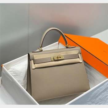 Hermes Epsom Kelly Bag 25cm 28cm in Calfskin Leather Pitch Grey Gold 2023 (FL-231021034)