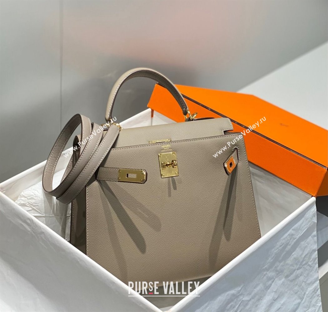 Hermes Epsom Kelly Bag 25cm 28cm in Calfskin Leather Pitch Grey Gold 2023 (FL-231021034)